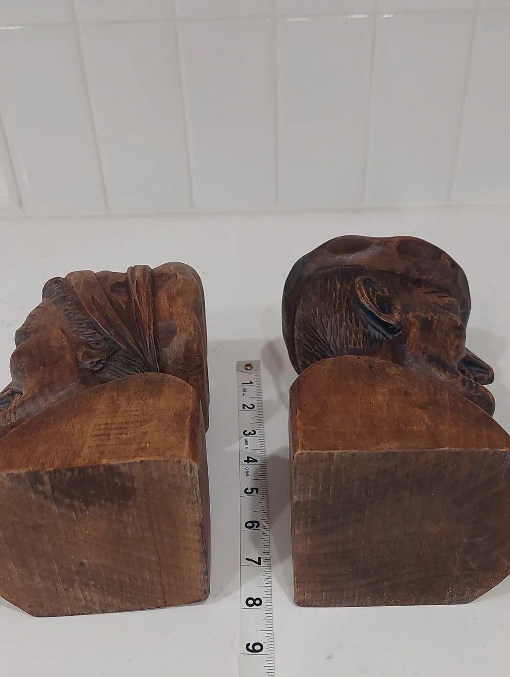 Hand Carved J. Alberdi Wooden Couple Bust Sculptures/Bookends